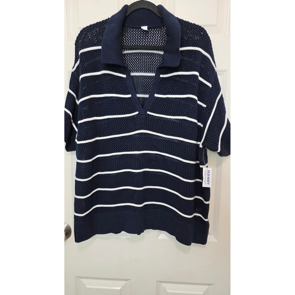 NEW Old Navy Crochet Knit Polo Sweater Womens 3X Navy Blue White Striped Beach